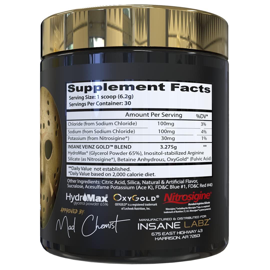 Close-up of Insane Veinz Gold label highlighting Hydromax and Nitrosigine support.