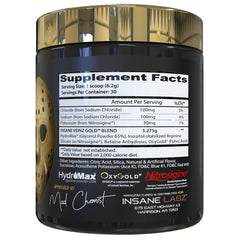 Close-up of Insane Veinz Gold label highlighting Hydromax and Nitrosigine support.