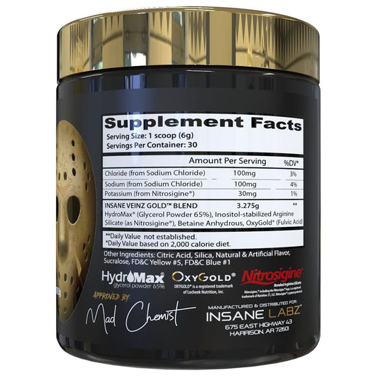 Insane Labz Veinz Gold powder in scoop highlights Hydromax and Nitrosigine.