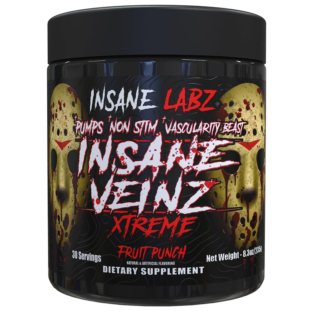 Insane Labz Insane Veinz Xtreme bottle showing caffeine-free pump support for workouts.