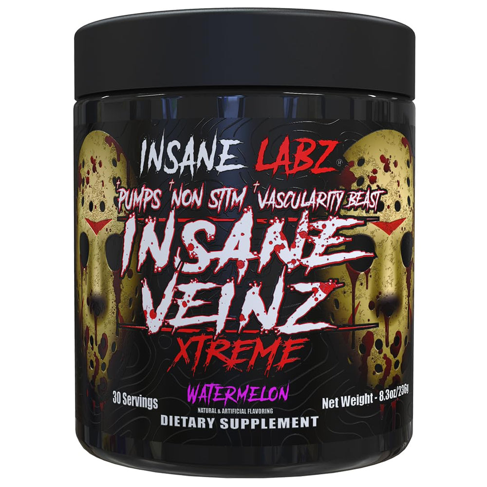 Insane Labz Insane Veinz Xtreme watermelon tub highlighting pumps and vascular fullness.