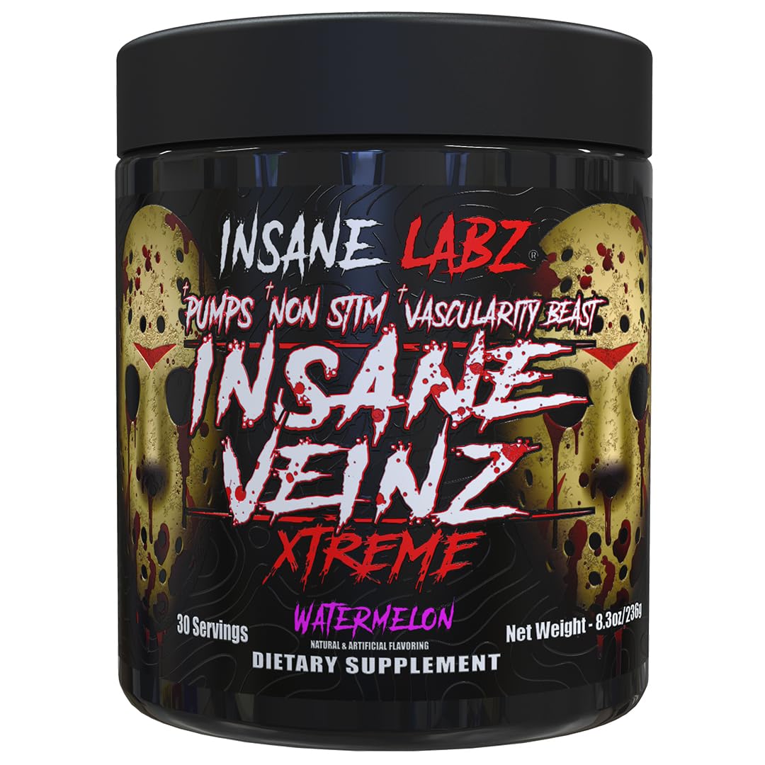 Insane Labz Insane Veinz Xtreme watermelon tub highlighting pumps and vascular fullness.