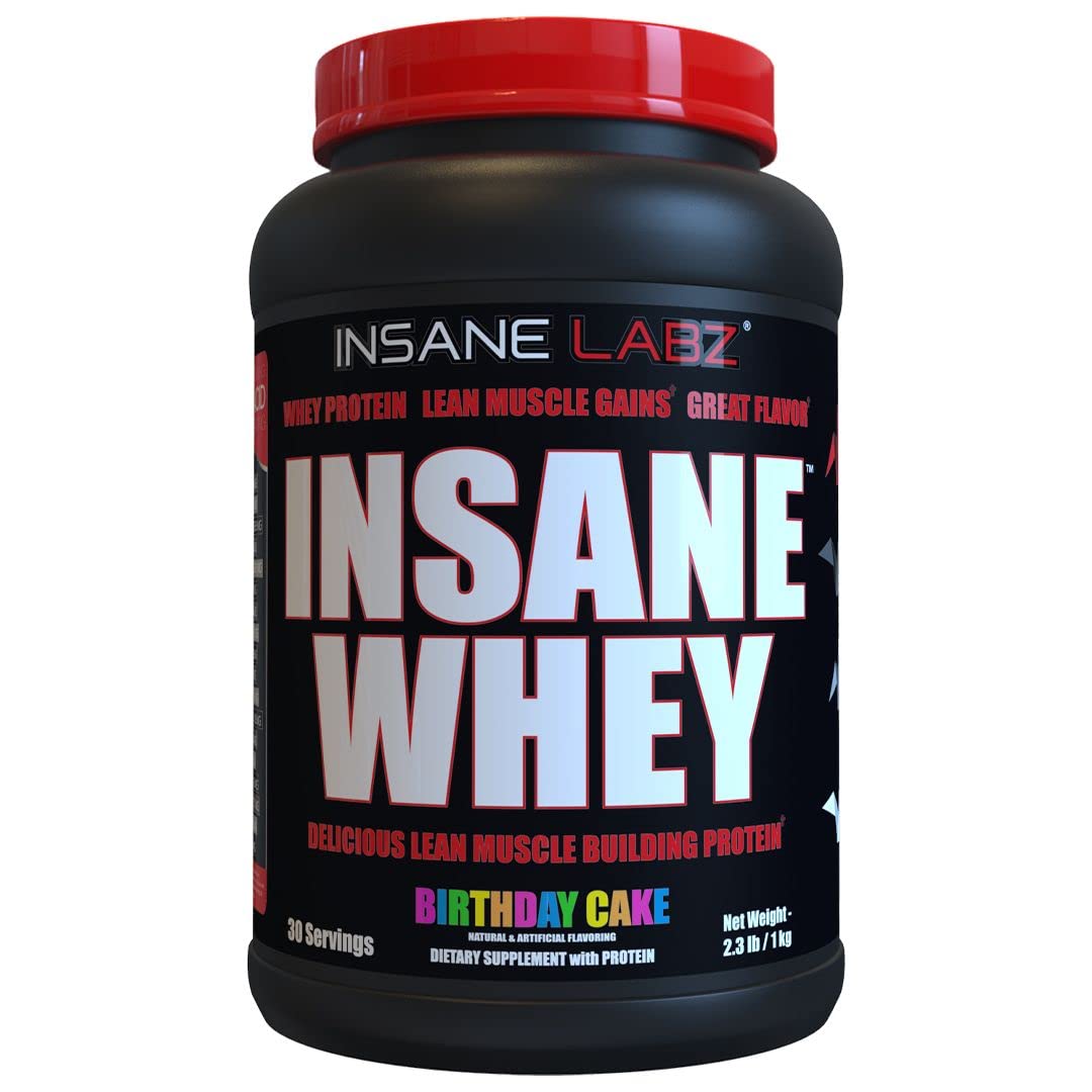 Insane Labz Insane Whey Birthday Cake tub showing flavor and lean muscle support for workouts.