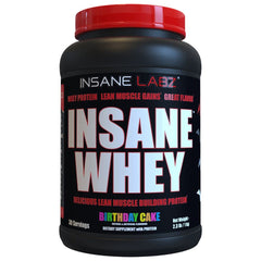 Insane Labz Insane Whey Birthday Cake tub showing flavor and lean muscle support for workouts.
