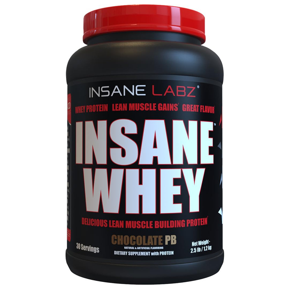 Insane Labz Insane Whey bottle showing Chocolate Peanut Butter flavor for lean muscle support