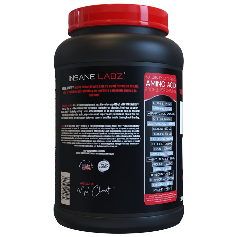 Insane Labz Insane Whey bottle with label and Chocolate Peanut Butter flavor experience
