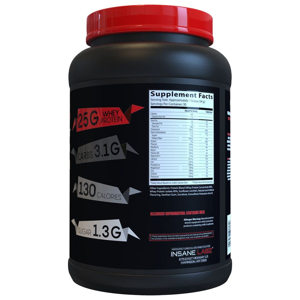 Close-up label on Insane Whey highlighting protein blend and BCAA profile.
