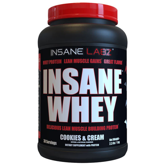 Insane Labz Insane Whey cookies and cream powder for muscle goals and recovery.