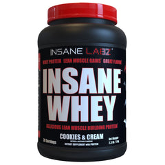 Insane Labz Insane Whey cookies and cream powder for muscle goals and recovery.
