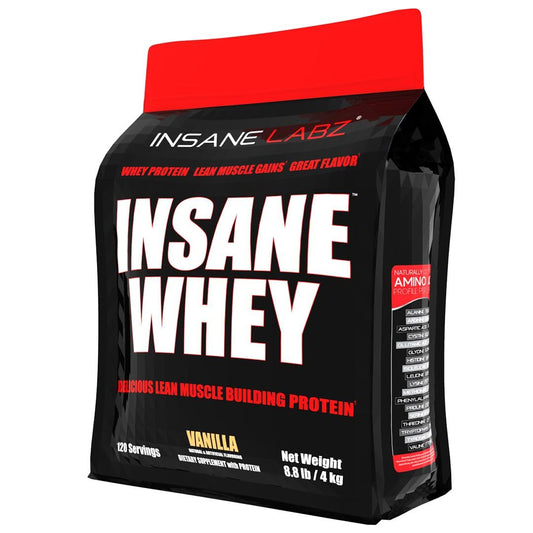 Insane Labz Insane Whey vanilla tub close-up highlighting muscle support after workouts