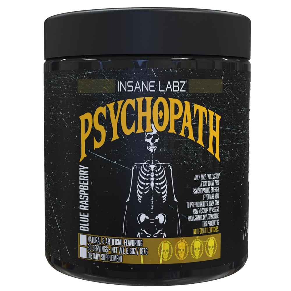 Insane Labz Psychopath bottle front view highlights energy and focus for workouts.