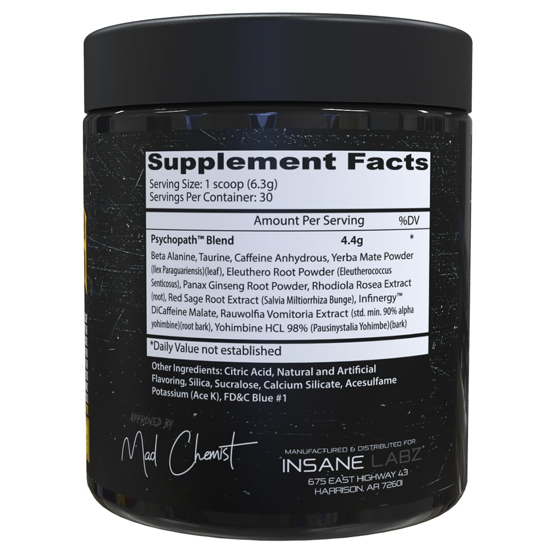Insane Labz Psychopath bottle side label emphasizes key ingredients and stimulant blend.