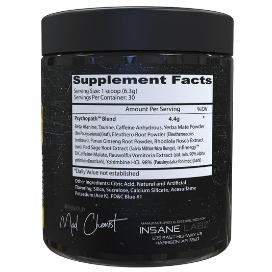 Insane Labz Psychopath bottle side label emphasizes key ingredients and stimulant blend.
