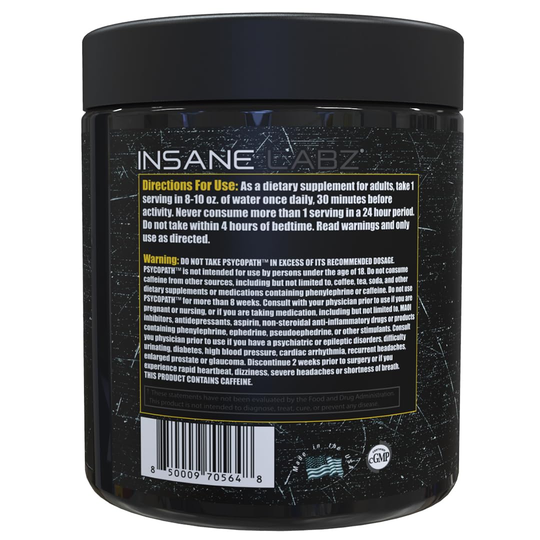 Insane Labz Psychopath tub close-up highlighting high-stimulant formula and endurance support.