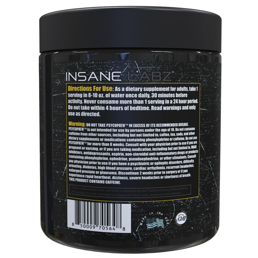 Insane Labz Psychopath tub close-up highlighting high-stimulant formula and endurance support.