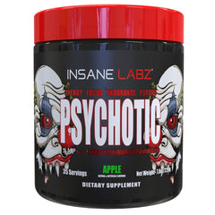 Insane Labz Psychotic apple bottle closeup highlighting energy formula