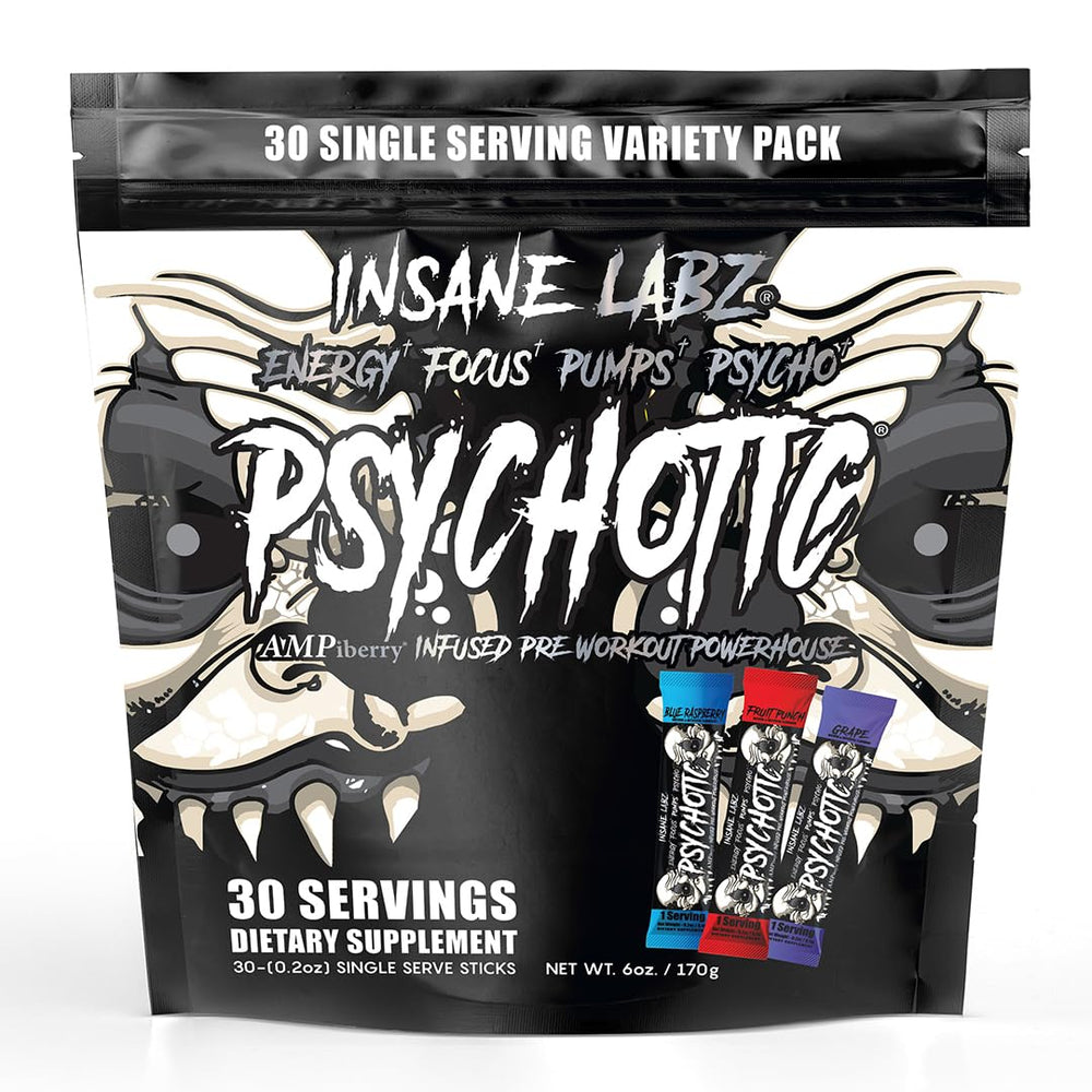 Insane Labz Psychotic Black Edition tub front showing bold branding and serving size.
