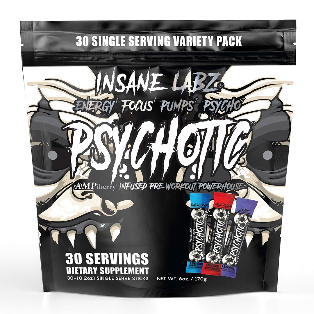 Insane Labz Psychotic Black Edition tub front showing bold branding and serving size.