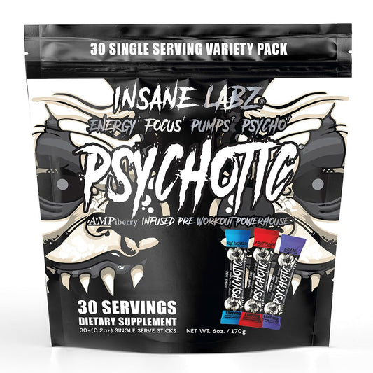 Insane Labz Psychotic Black Edition tub front showing bold branding and serving size.