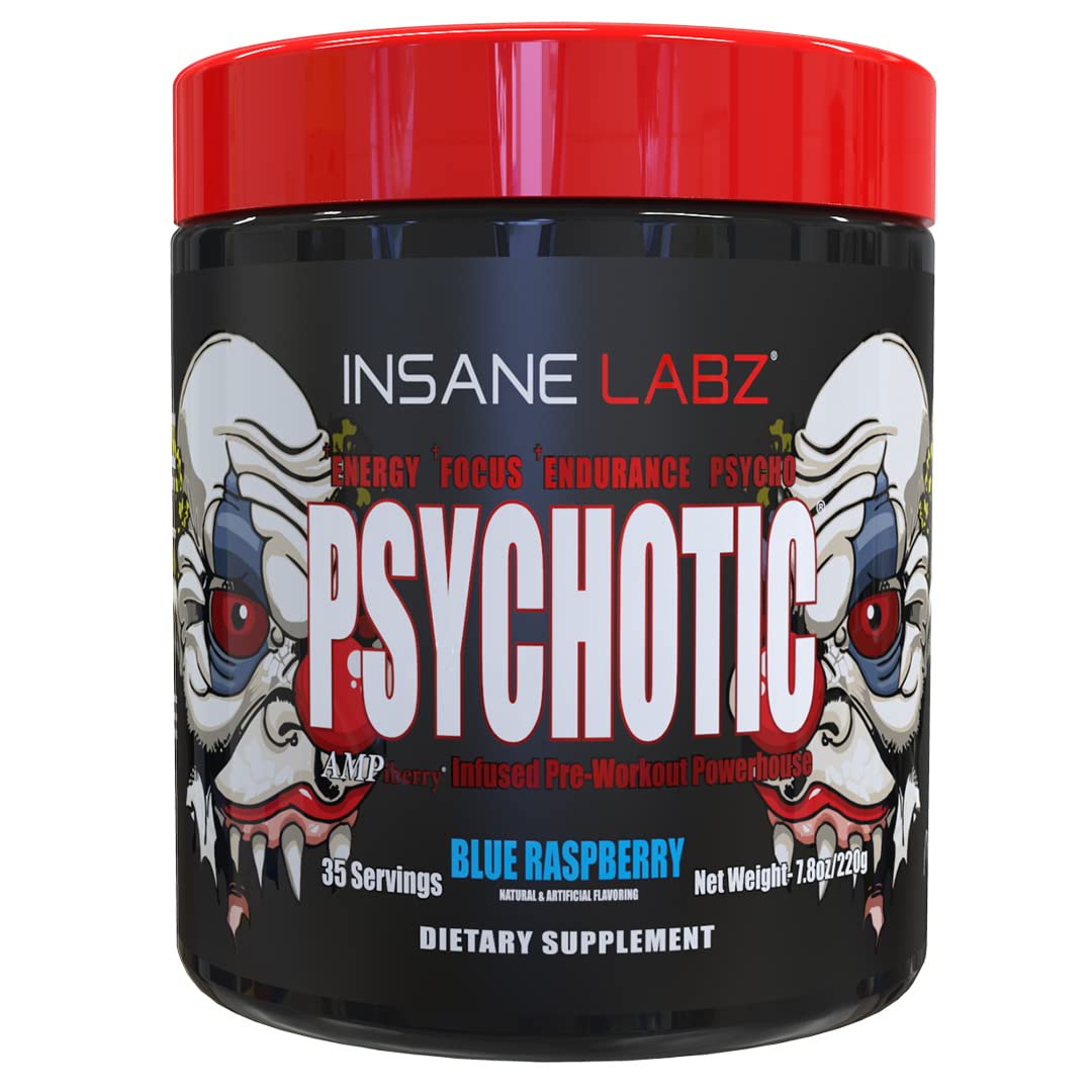 Insane Labz Psychotic blue raspberry bottle showing high-energy pre-workout formula.