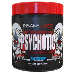 Insane Labz Psychotic blue raspberry bottle showing high-energy pre-workout formula.