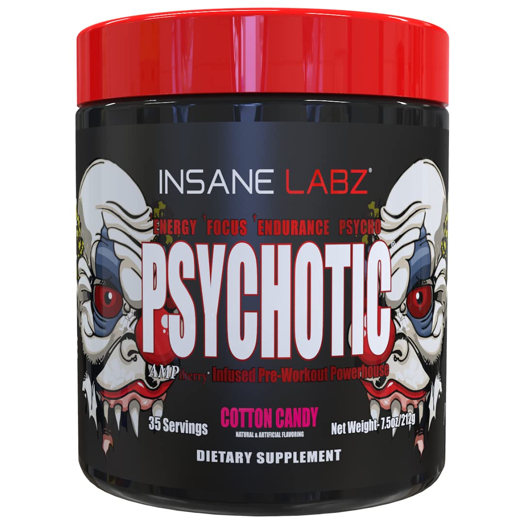Insane Labz Psychotic container displaying cotton candy flavor for sustained energy