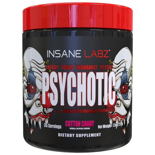 Insane Labz Psychotic container displaying cotton candy flavor for sustained energy