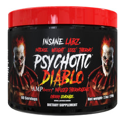 Insane Labz Psychotic Diablo bottle close-up highlighting potent thermogenic formula.