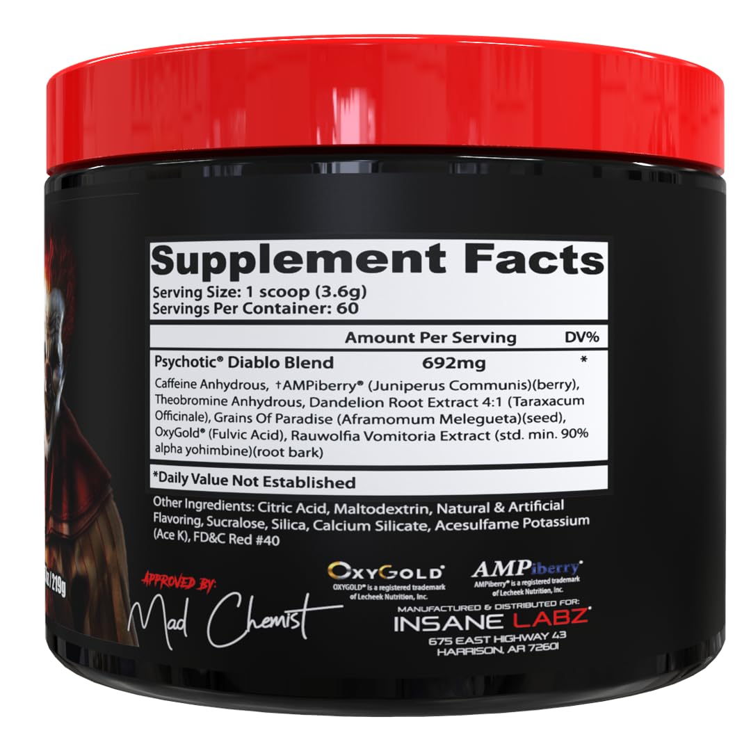 Psychotic Diablo packaging showcases AMPiberry and Dandelion Root ingredients.