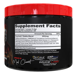 Psychotic Diablo packaging showcases AMPiberry and Dandelion Root ingredients.