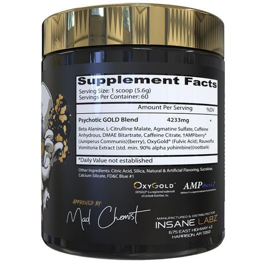 Psychotic Gold blue punch flavor close-up suggesting sustained focus during training.