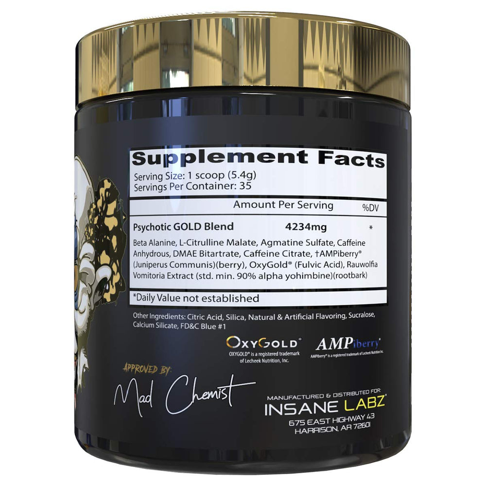 Psychotic Gold bottle closeup highlighting high-stimulant pre-workout benefits