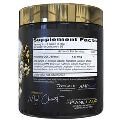Psychotic Gold bottle closeup highlighting high-stimulant pre-workout benefits