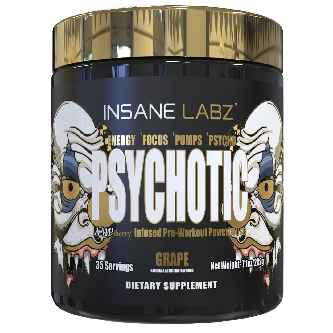 Insane Labz Psychotic Gold bottle pouring for sustained energy and focus.