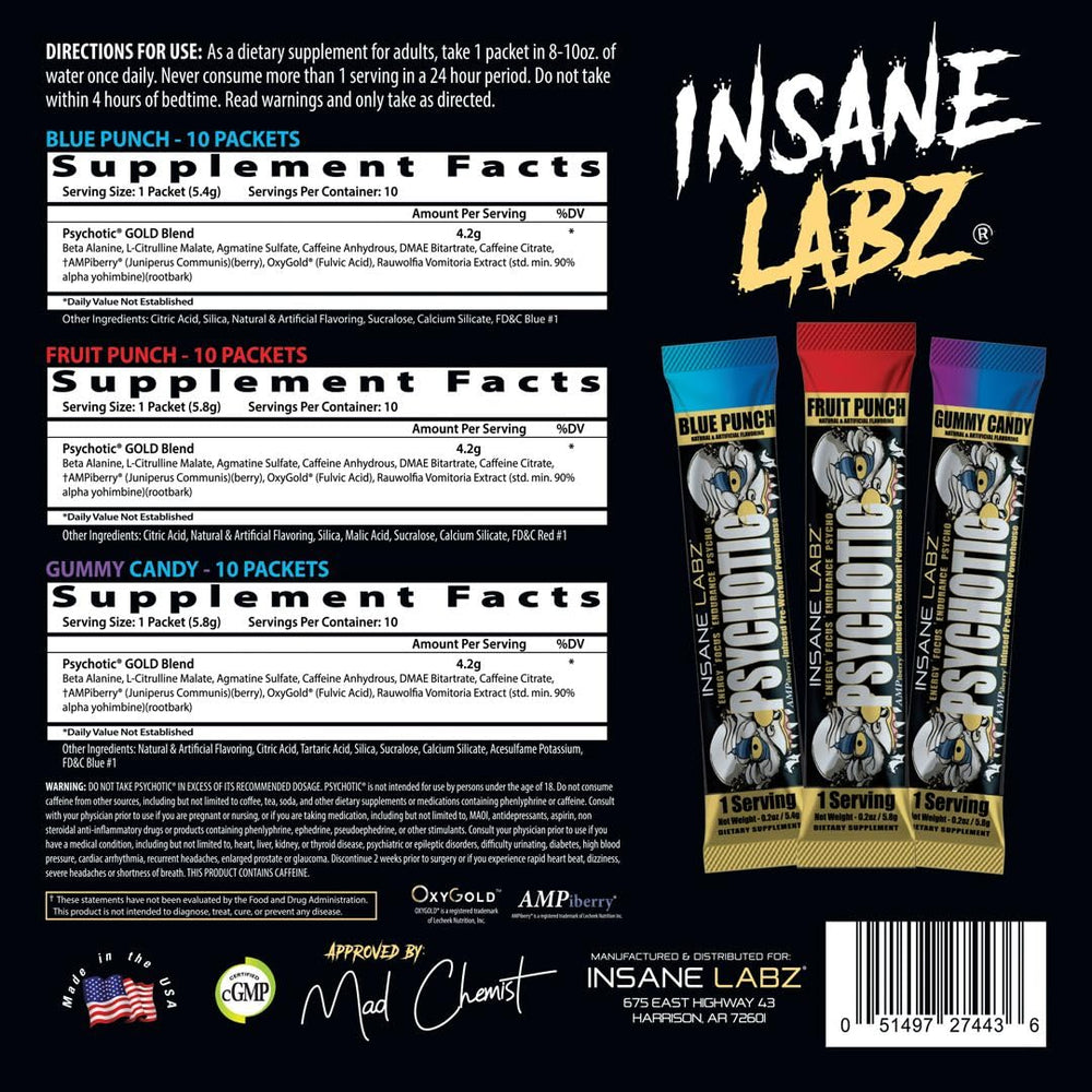 Insane Labz Psychotic Gold branding-shot captures bold styling and energy vibe.