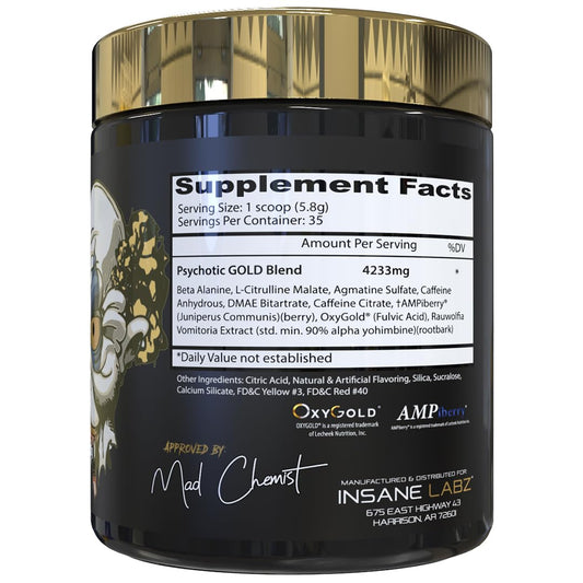 Insane Labz Psychotic Gold ingredients-citrulline-beta-alanine show NO boosters for stronger pumps.
