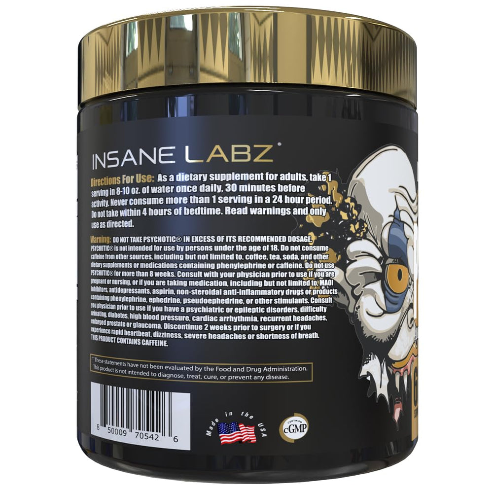 Insane Labz Psychotic Gold ingredients close-up highlighting citrulline for pumps.