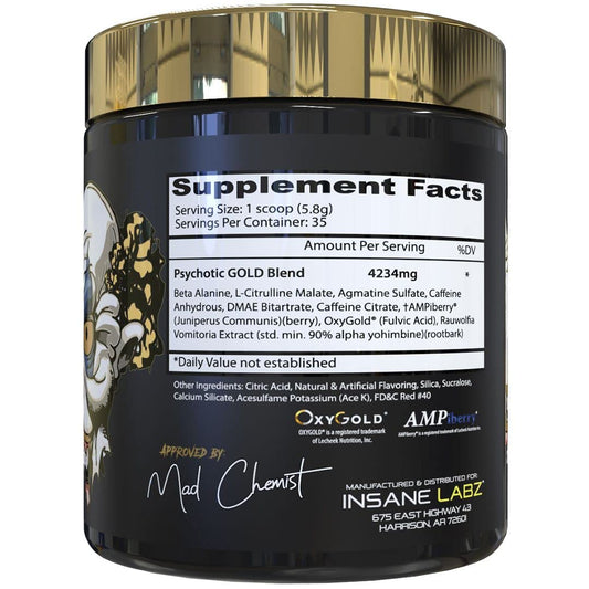 Close-up of Psychotic Gold label highlighting energy ingredients