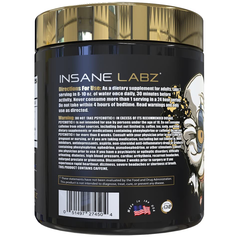 Label closeup of Psychotic Gold showing ingredients and branding for performance.