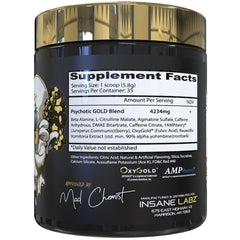 Close-up of Psychotic Gold label highlighting energy ingredients