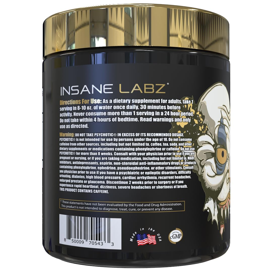 Insane Labz Psychotic Gold label-view bottle and branding for a high-stimulant pre-workout.