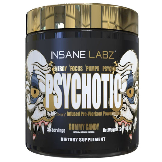 Insane Labz Psychotic Gold powder can for a high-energy pre-workout session
