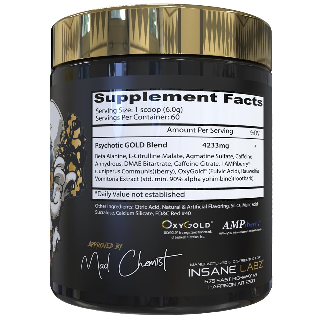 Close-up of Psychotic Gold powder with scoop highlighting energy and pumps potential.