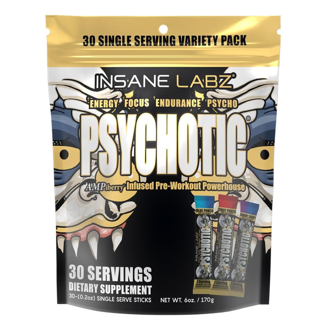 Insane Labz Psychotic Gold powder tub for sustained pre-workout energy.