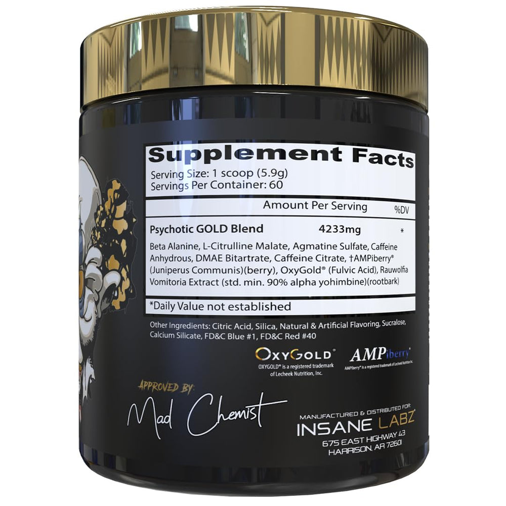 Scoop of Psychotic Gold pre-workout powder ready for use for focus and endurance.