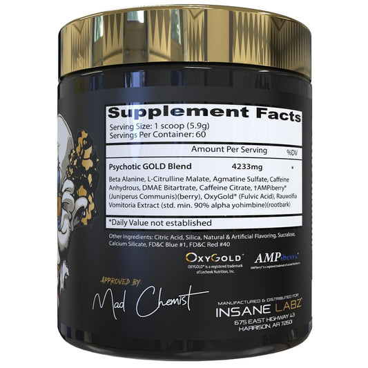 Scoop of Psychotic Gold pre-workout powder ready for use for focus and endurance.
