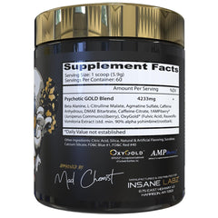 Scoop of Psychotic Gold pre-workout powder ready for use for focus and endurance.