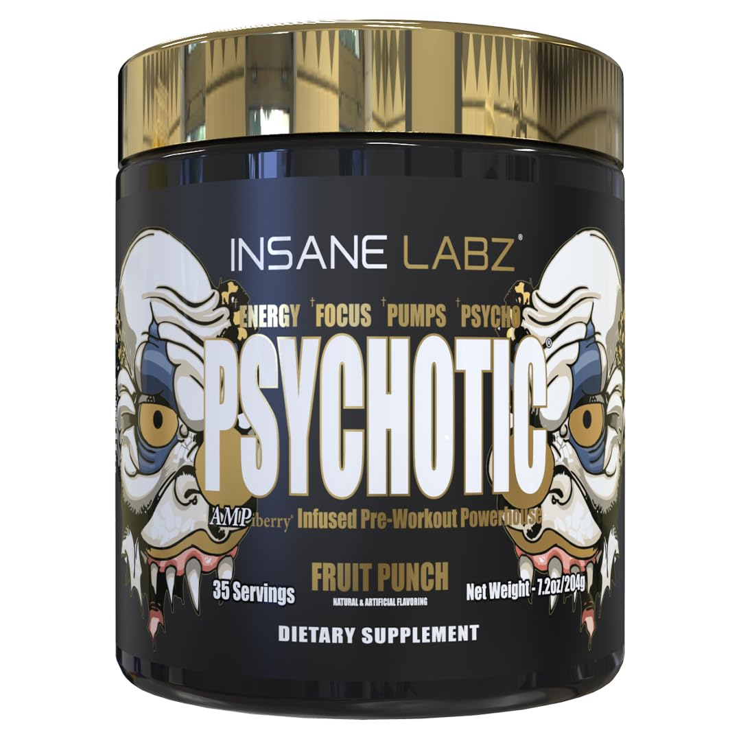 Insane Labz Psychotic Gold tub and spoon for a powerful pre-workout energy boost.