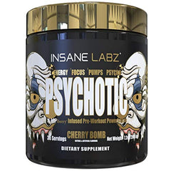 Insane Labz Psychotic Gold tub front view showcasing bold energy and focus cues