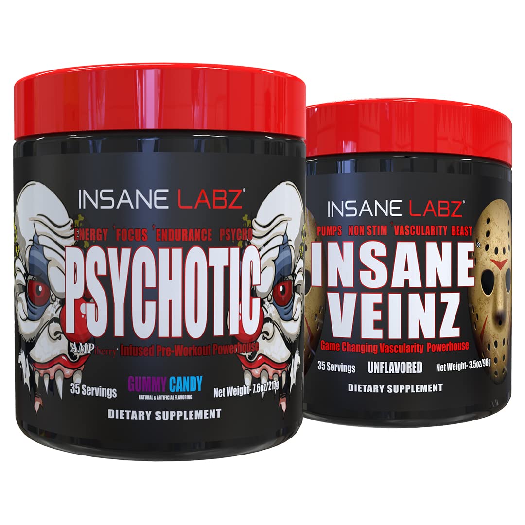 Insane Labz Psychotic gummy candy tub front showing energizing pre-workout flavor.